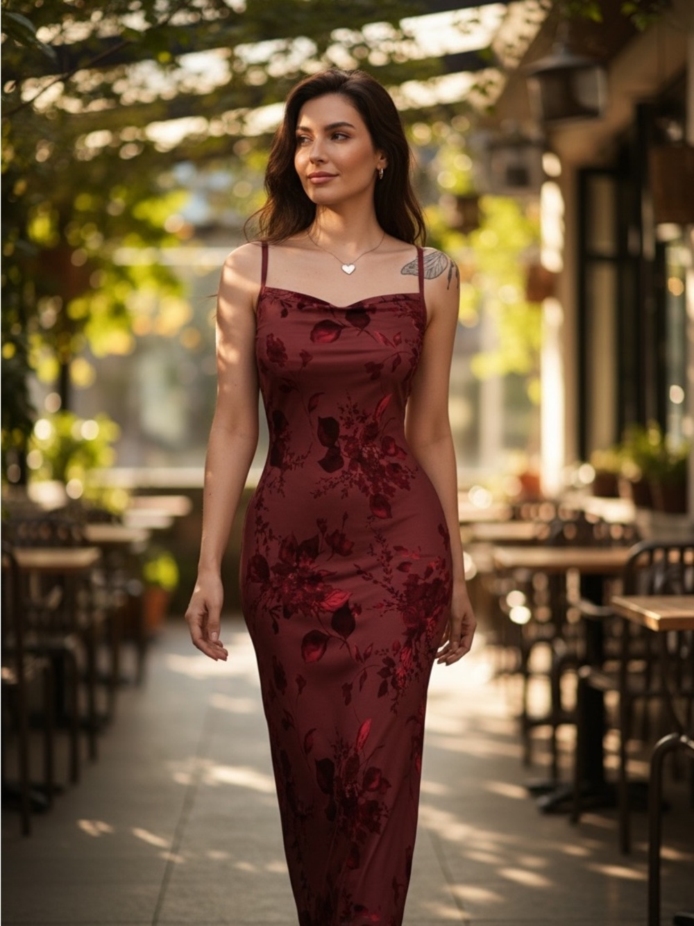 Burgundy Floral Maxi Dress, Strappy Sleeveless, Cowl Neck, Long, Regular Size